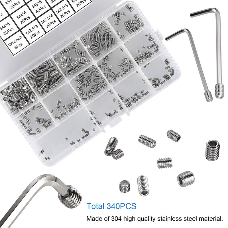 HanTof 340Pcs M2.5, M3, M4, M5, M6, M8 Metric Hex Socket Head Cup Point Set Screws, Allen Head Grub Screw, Internal Hex Drive Headless Set Screw Assortment Kit with 6 Hex Wrenches, 304 Stainless Steel - Image 4